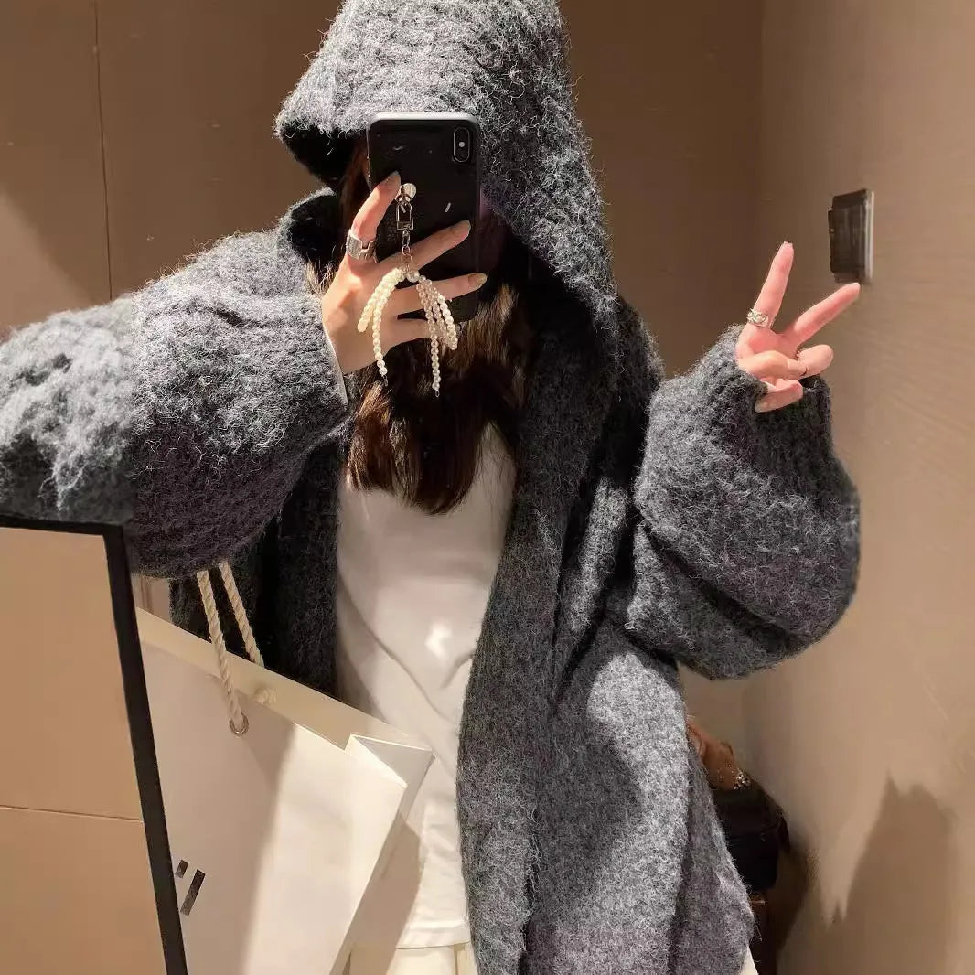 Women's dark grey retro hooded cardigan with loose fit and thick knit texture.