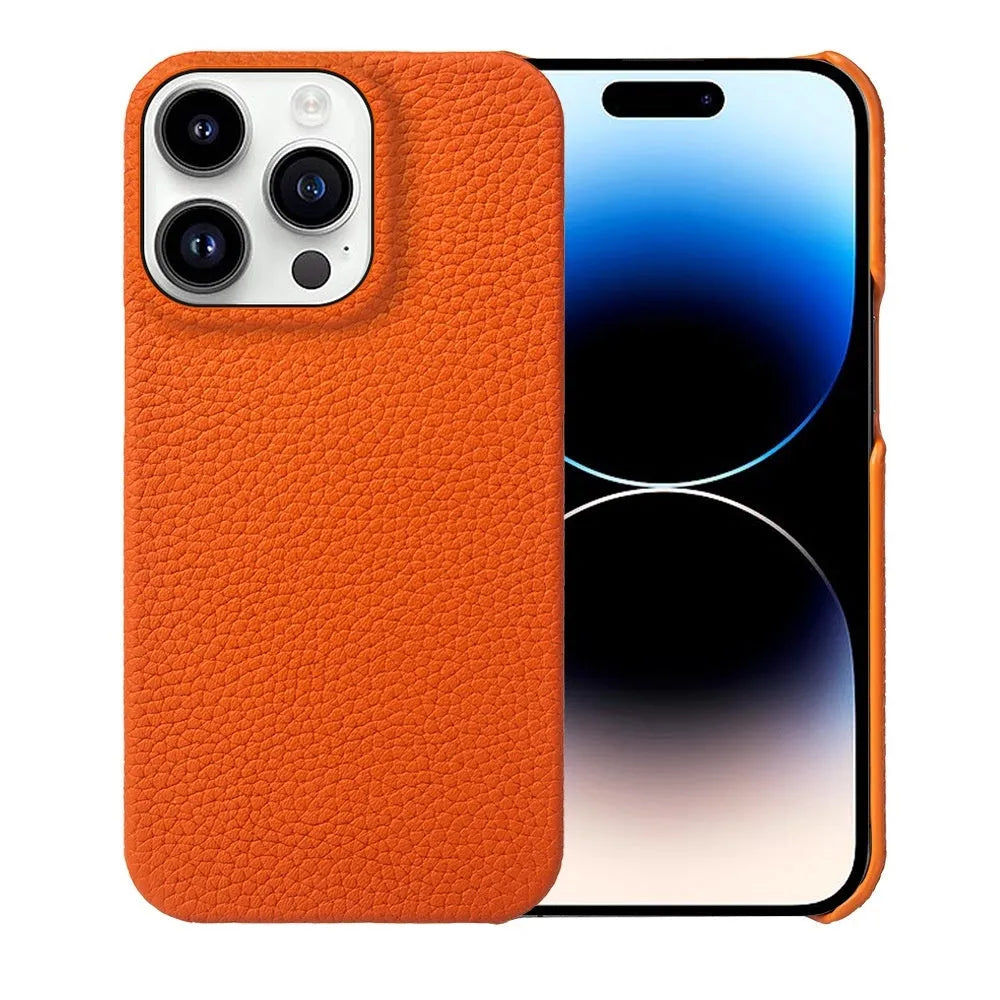 Handmade genuine leather half pack phone case for iPhone 16 series in orange, showing back and side coverage.