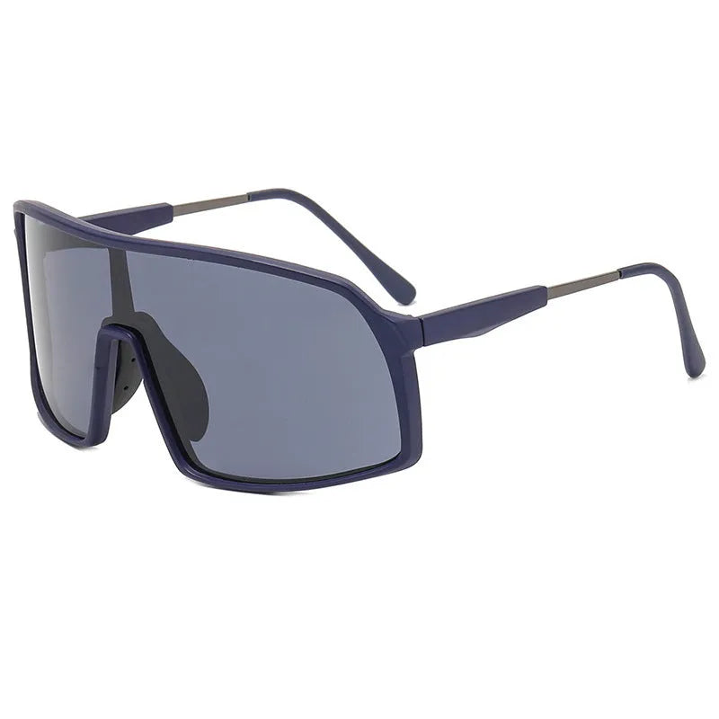 Windproof cycling sunglasses with black PC frame and grey lenses on a white background