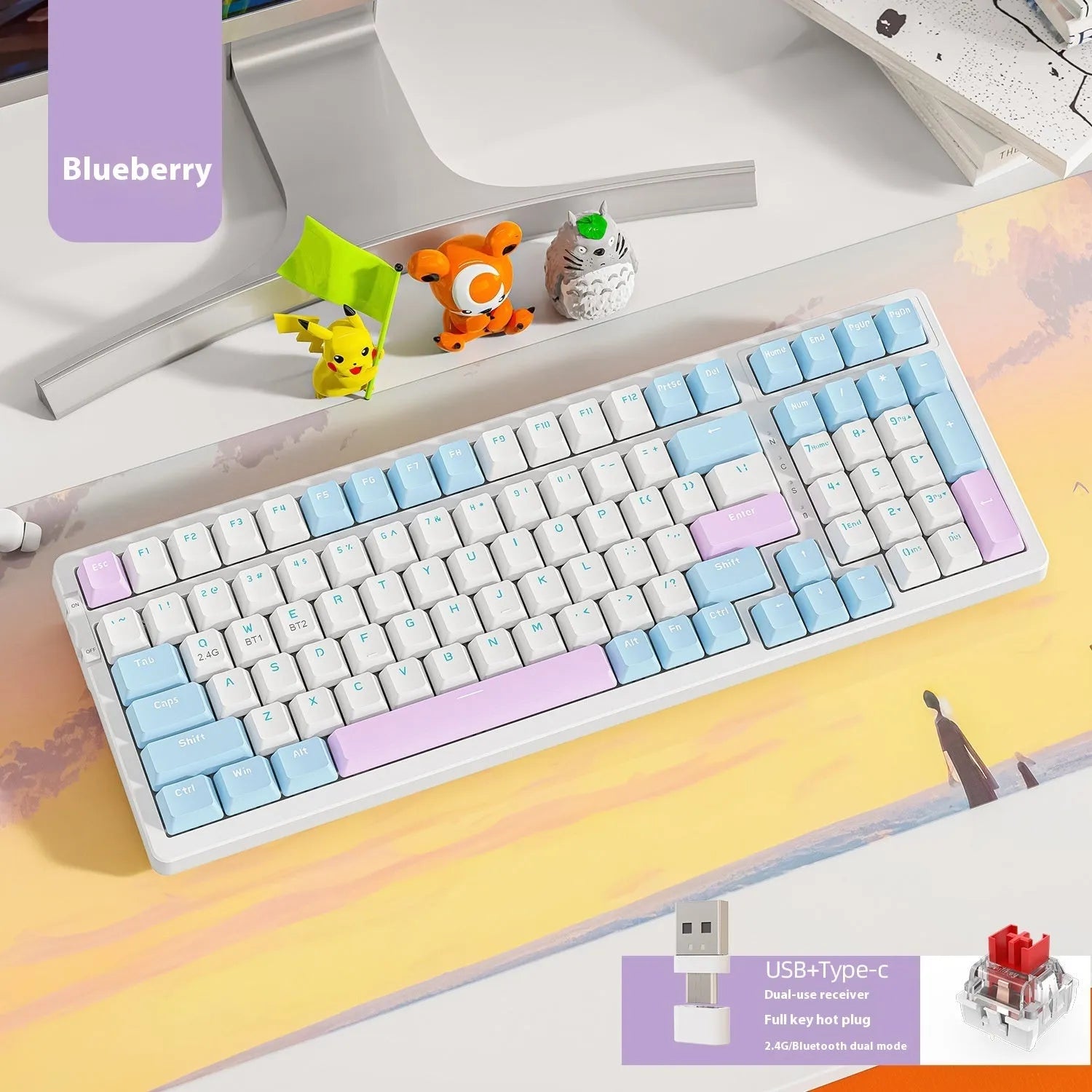 Free Wolf K96 Bluetooth dual-mode mechanical keyboard with colourful keycaps on a desk
