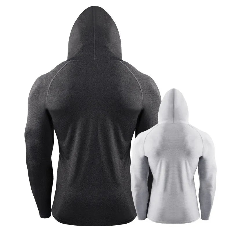 Slim long sleeve hooded quick-drying workout top for running and basketball in black, grey, white, red, navy, dark gray, light green