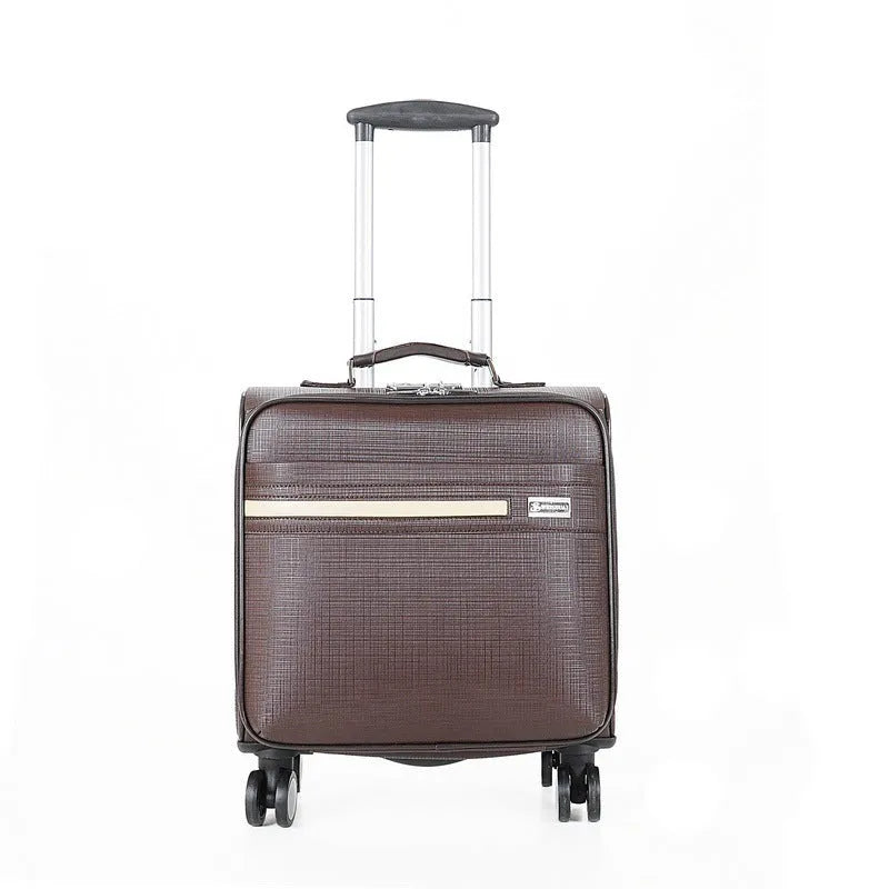 Black wheeled PU leather business case with airplane wheels and a lock.