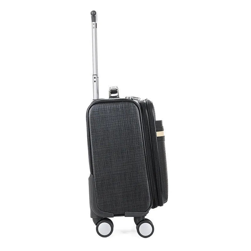 Black wheeled PU leather business case with airplane wheels and a lock.