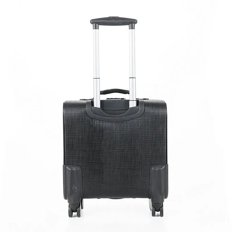 Black wheeled PU leather business case with airplane wheels and a lock.