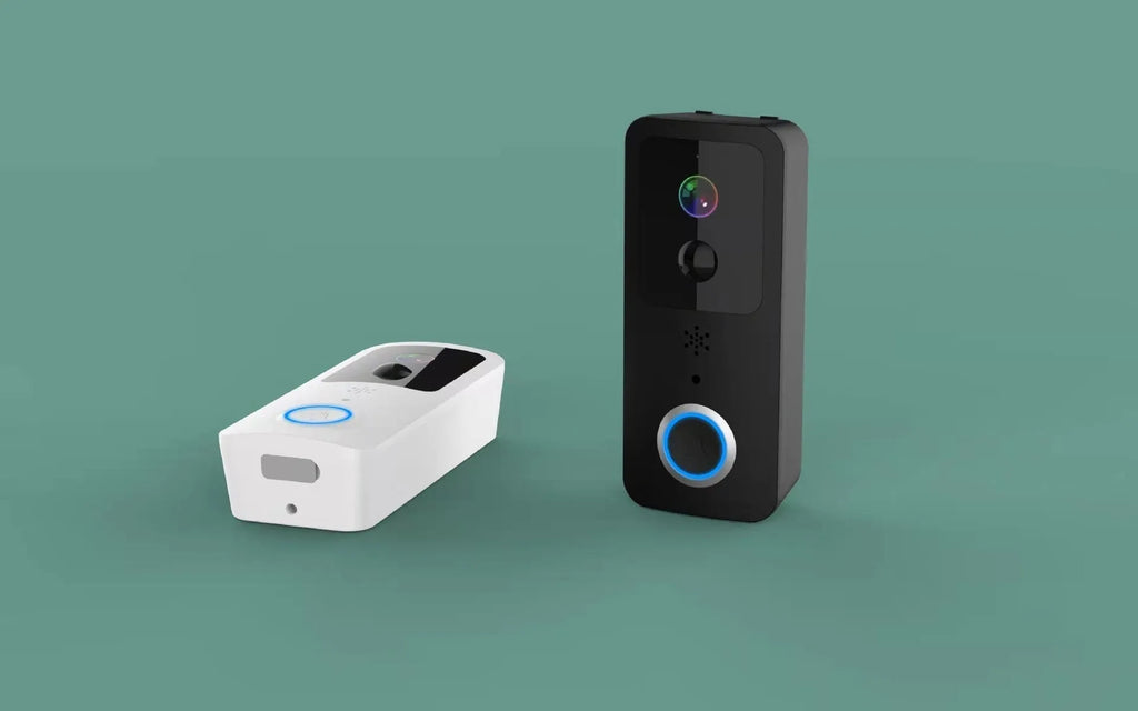 Waterproof smart HD visual doorbell with a rechargeable battery on a doorstep.