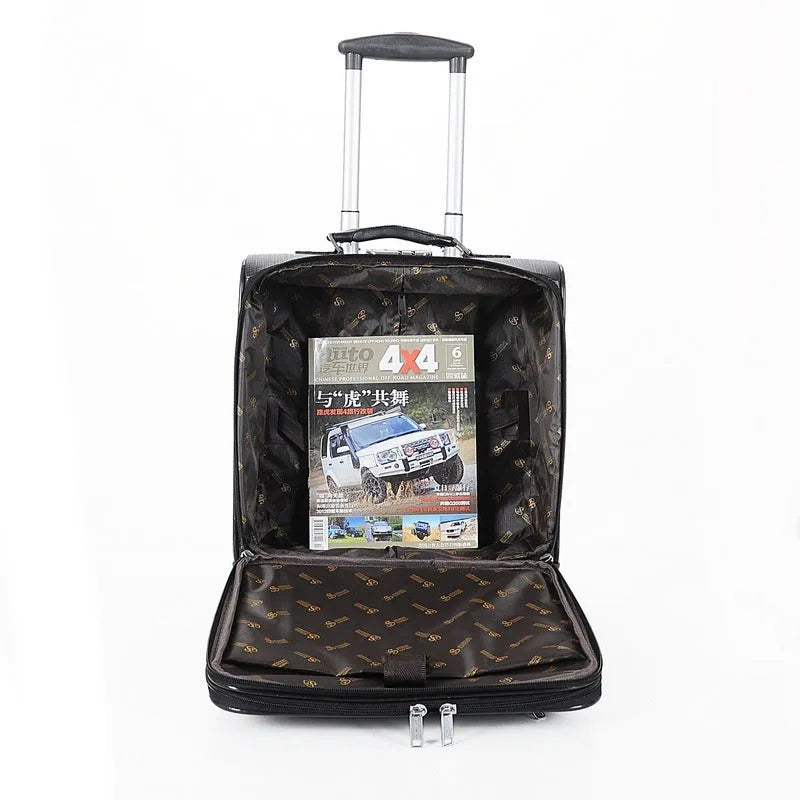 Black wheeled PU leather business case with airplane wheels and a lock.