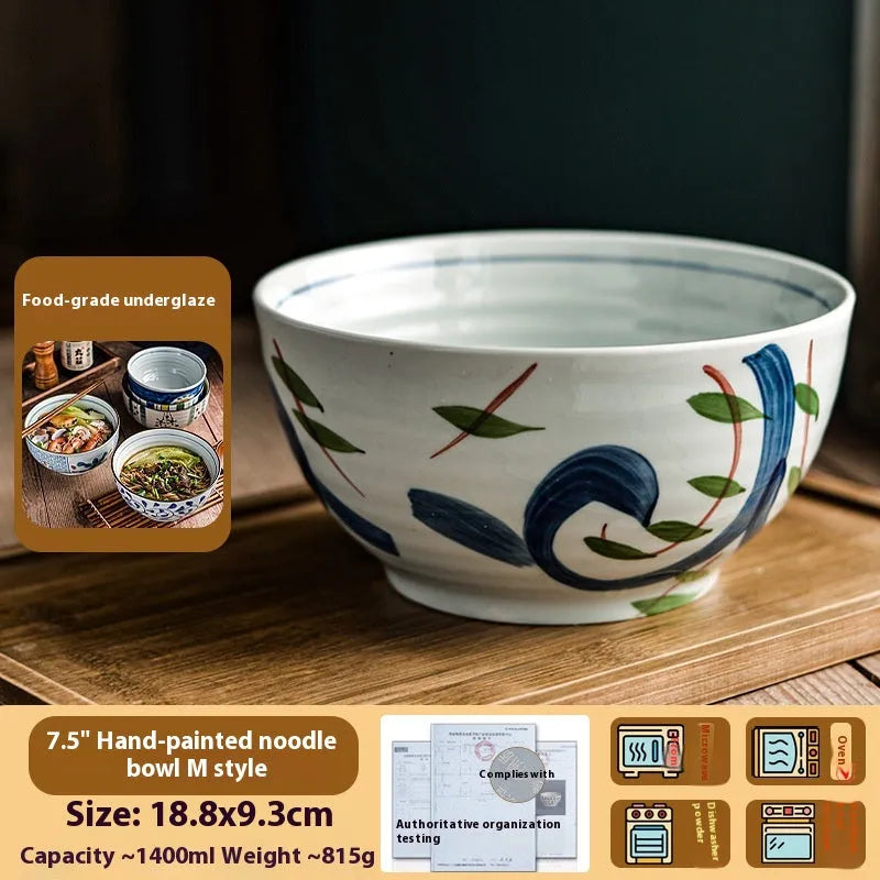 Ceramic round noodle bowl with underglaze hand-painted pattern in retro luxury style, 6 or 7 inch diameter