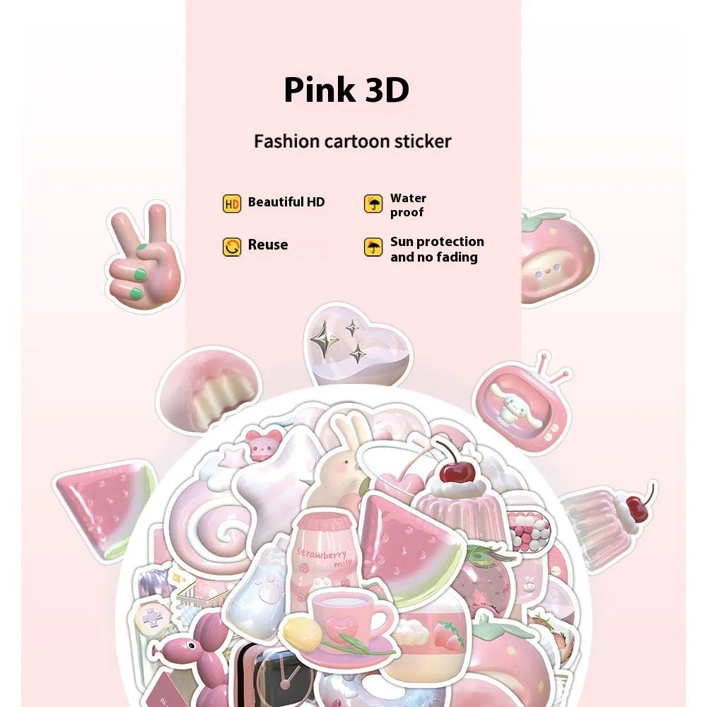 Pack of 63 cute pink girl heart 3D decorative stickers with two pattern options on a white background.