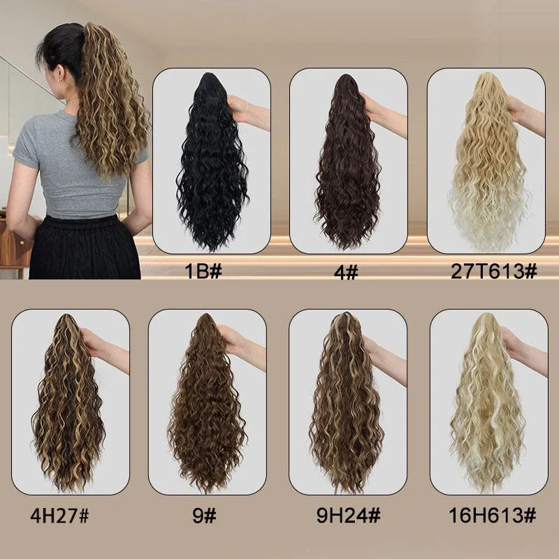 Corn curler ponytail wig with water ripple grip attachment in high temperature fibre hair, shown in colour 1B with a hair clip.