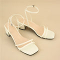 Women's beige square toe stiletto sandals with chunky heel and ankle buckle