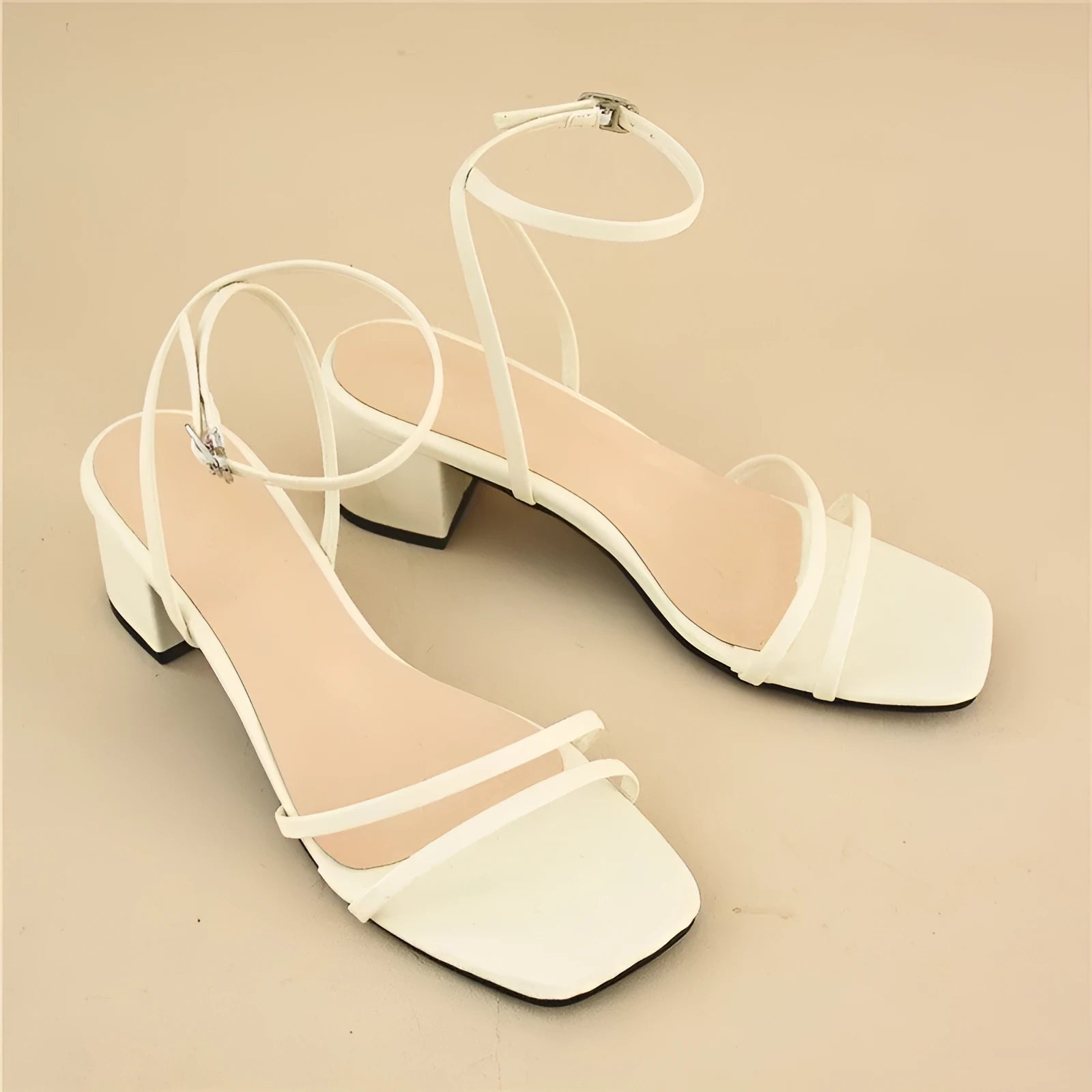 Women's beige square toe stiletto sandals with chunky heel and ankle buckle