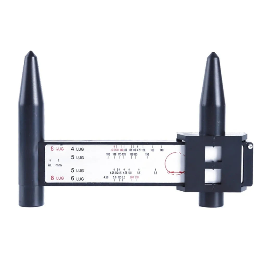 Plastic digital hole distance measuring ruler for wheel hub bolt patterns, showing digital display.