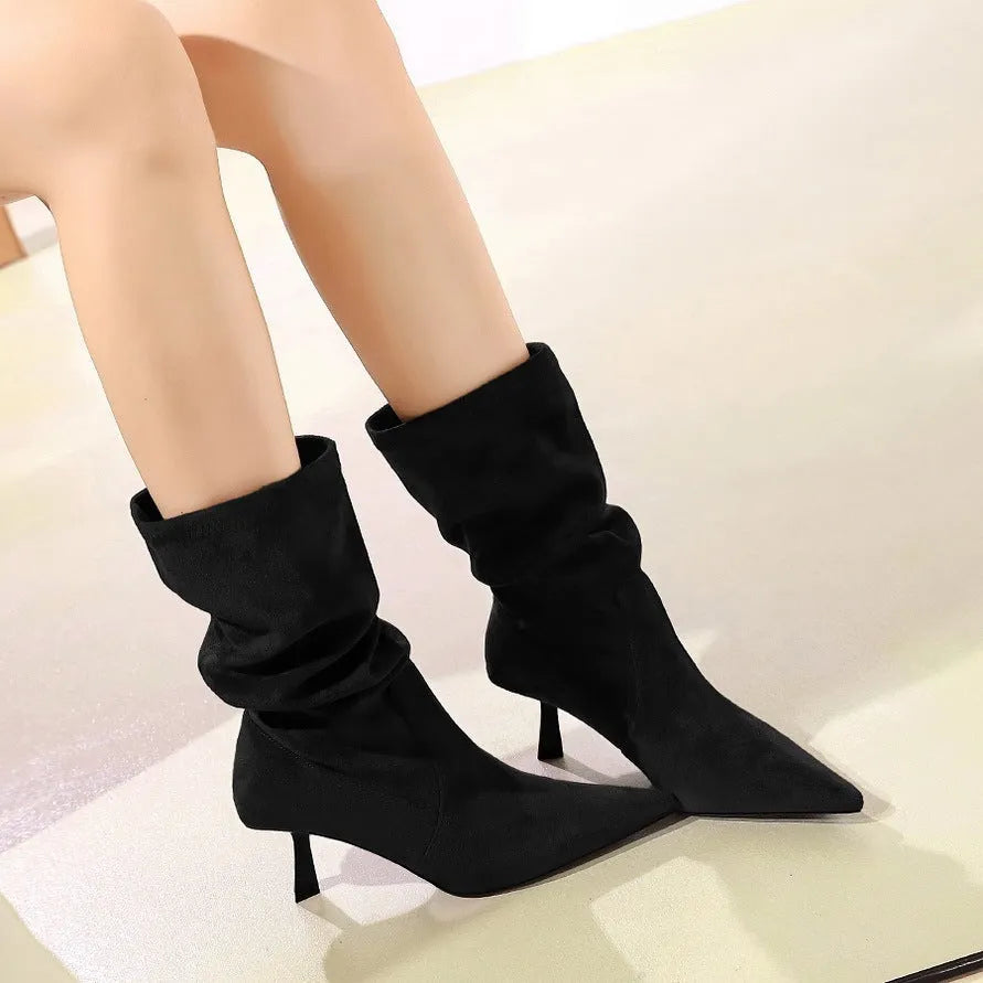 Solid colour mid-calf stiletto heel boots with elastic pleated detailing and pointed toe