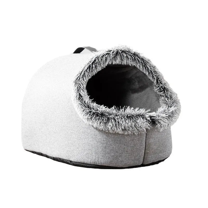 Thickened plush winter cat bed closed nest with handle in brown linen material on floor