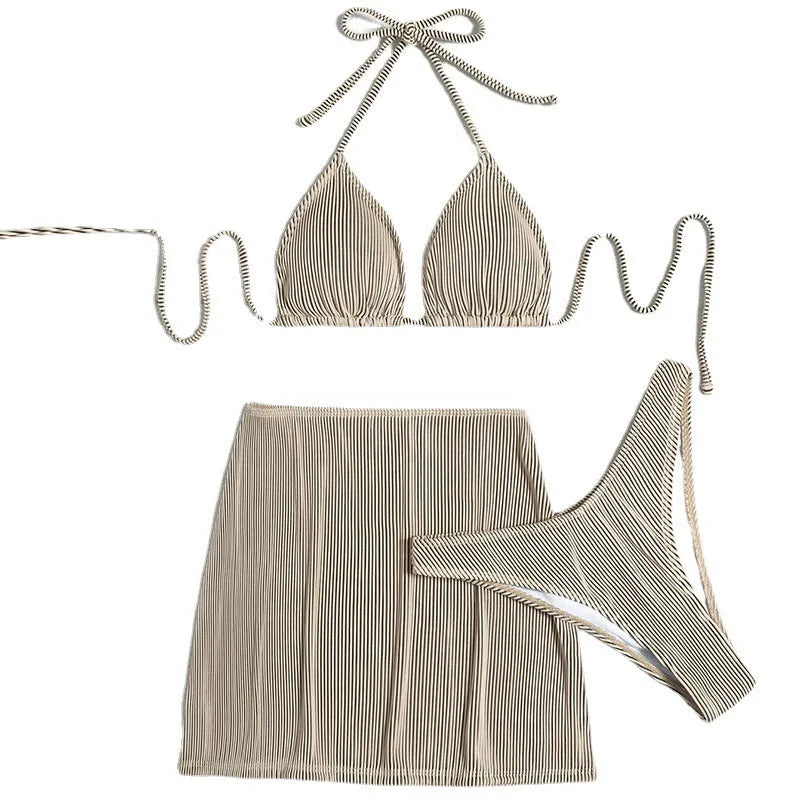 Women's three-piece ribbed bikini swimsuit set in green colour.