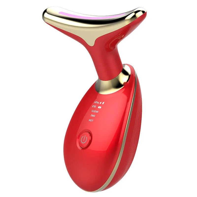 Black silver EMS thermal neck massager with LED lights for facial firming and wrinkle reduction