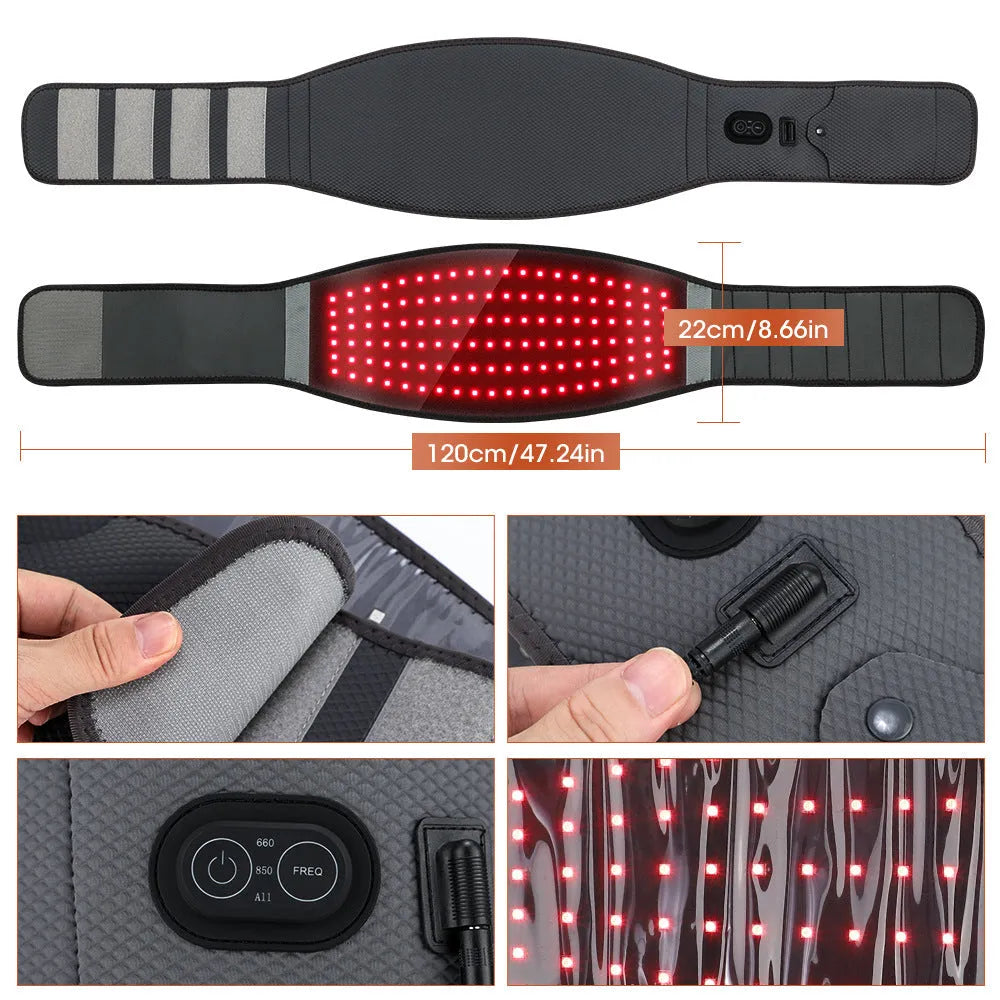 Grey neoprene physical therapy belt with red light therapy for waist support
