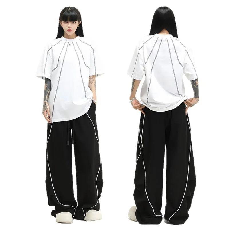 Black striped wide-leg hip hop sports pants with a mid waist and loose fit.