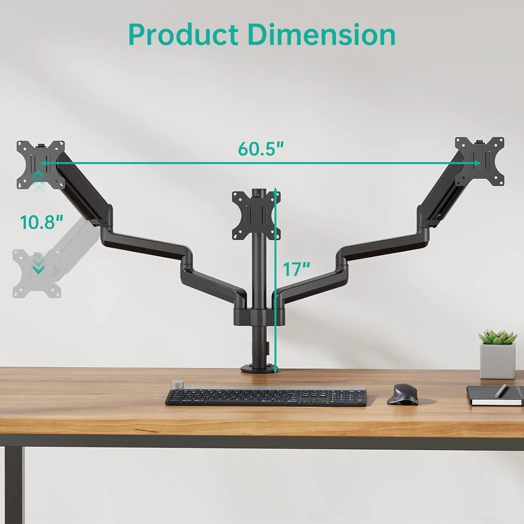 Black three-arm gas spring monitor mounting arm for 13 to 27 inch computer screens