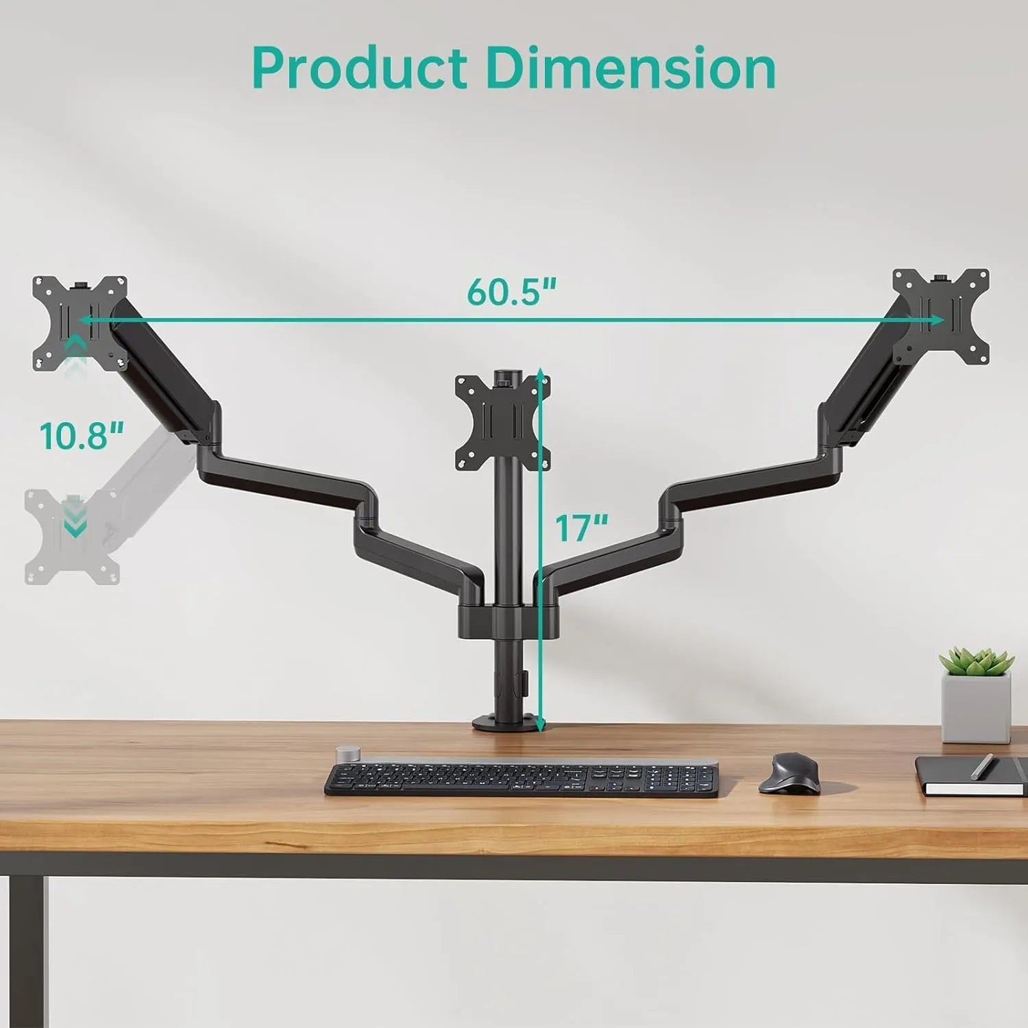 Black three-arm gas spring monitor mounting arm for 13 to 27 inch computer screens