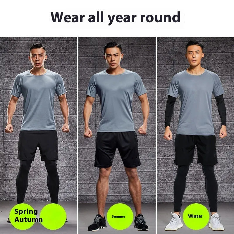 Quick-drying sports suit with short sleeves and pants in gray, black, or white for running and gym workouts