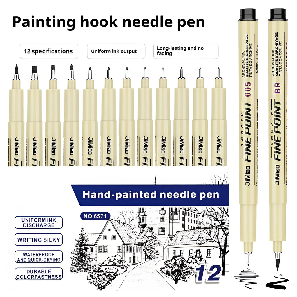 Waterproof needle pen drawing tool with plastic body and black ink for detailed artwork