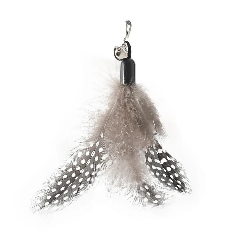 Cat teasing stick toy with wooden handle, bell, and feather head in selected colour