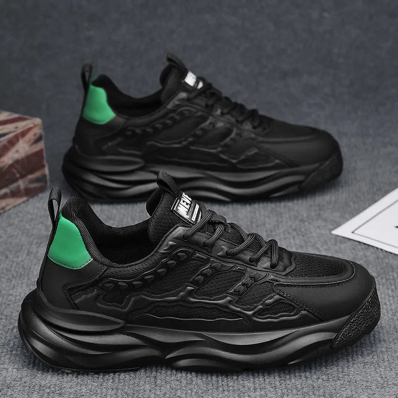 Men's breathable PU mesh shoes in S078 Black colour with round toe design for sports and leisure