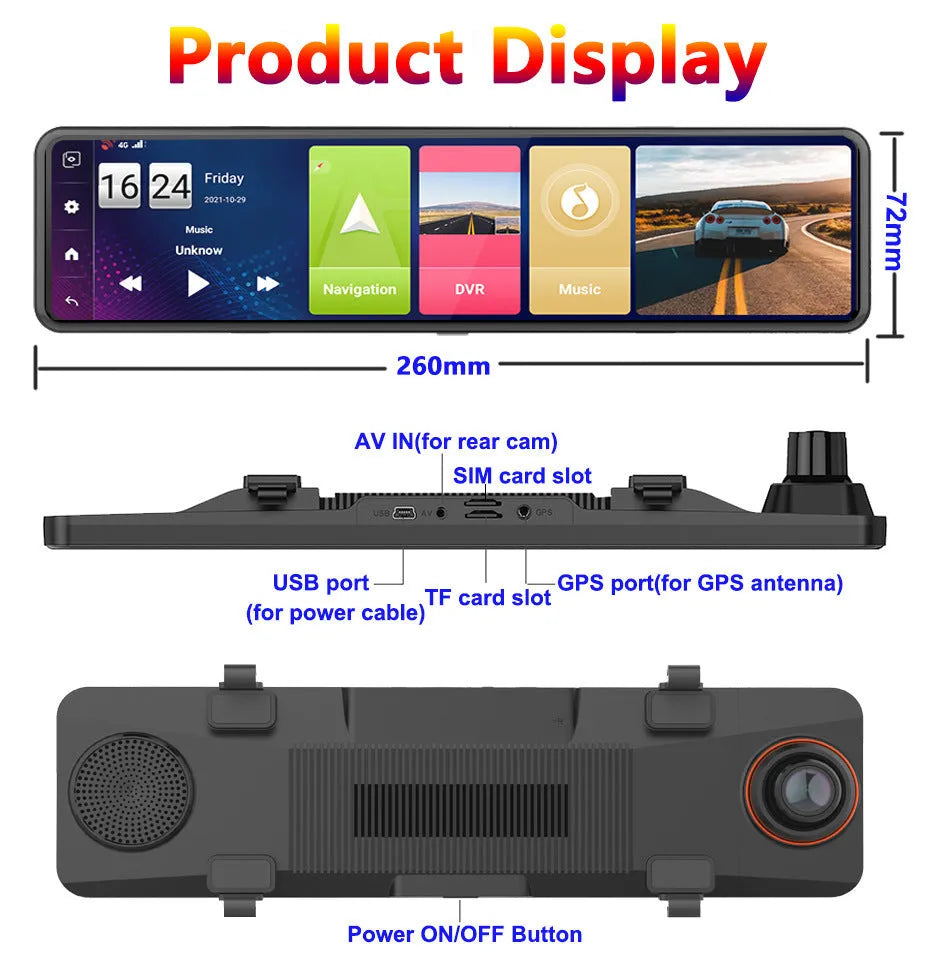 Black rearview mirror style dashboard camera with wide-angle lens and touch screen display.