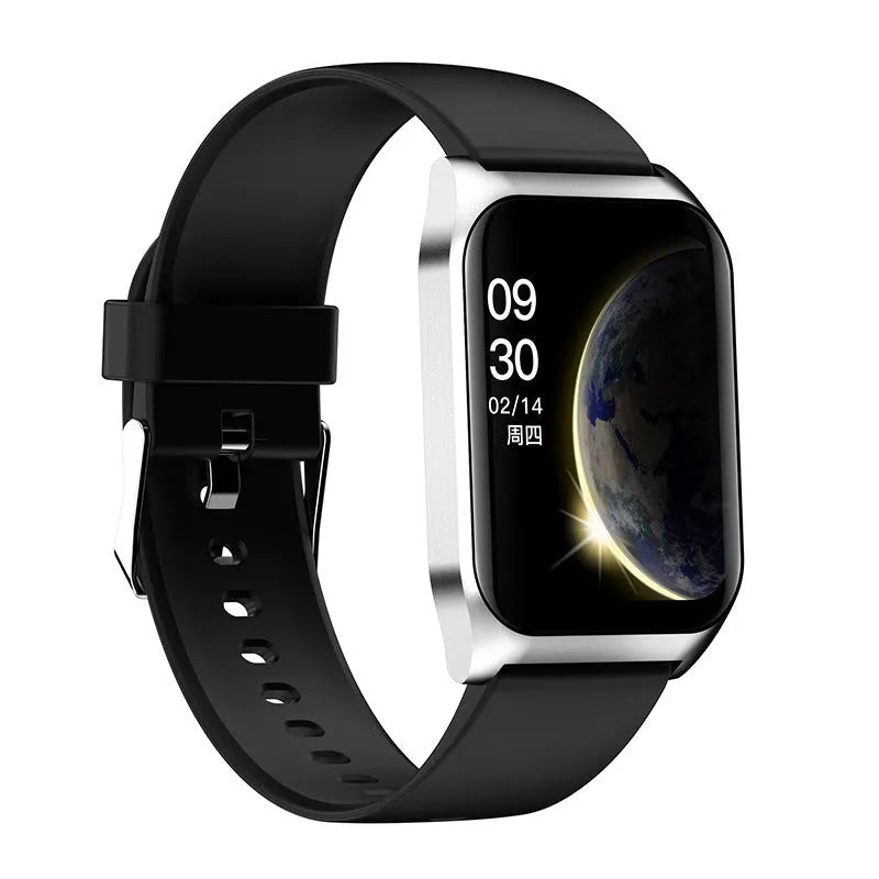 Black and silver smart watch with a colour screen on a silicone wristband, showing a heart rate and call interface.