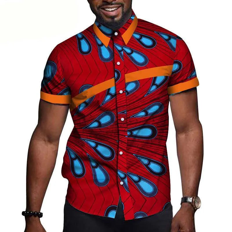 African men cotton printed short sleeve T shirt colourblock lapel collar fitted leisure top