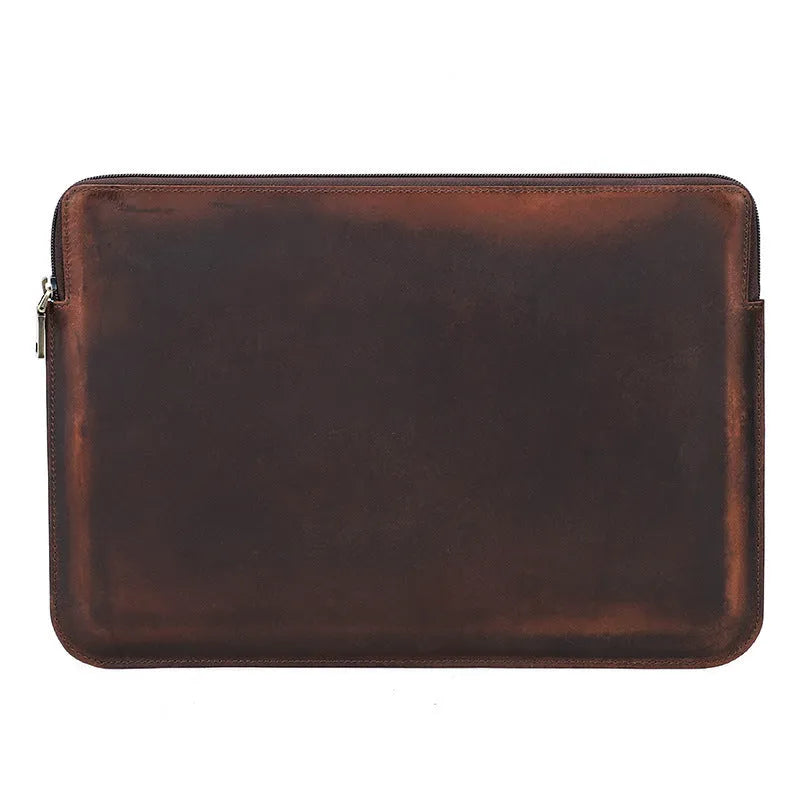 Retro crazy horse leather zipper computer bag for MacBook Pro 15.4/16 in coffee brown