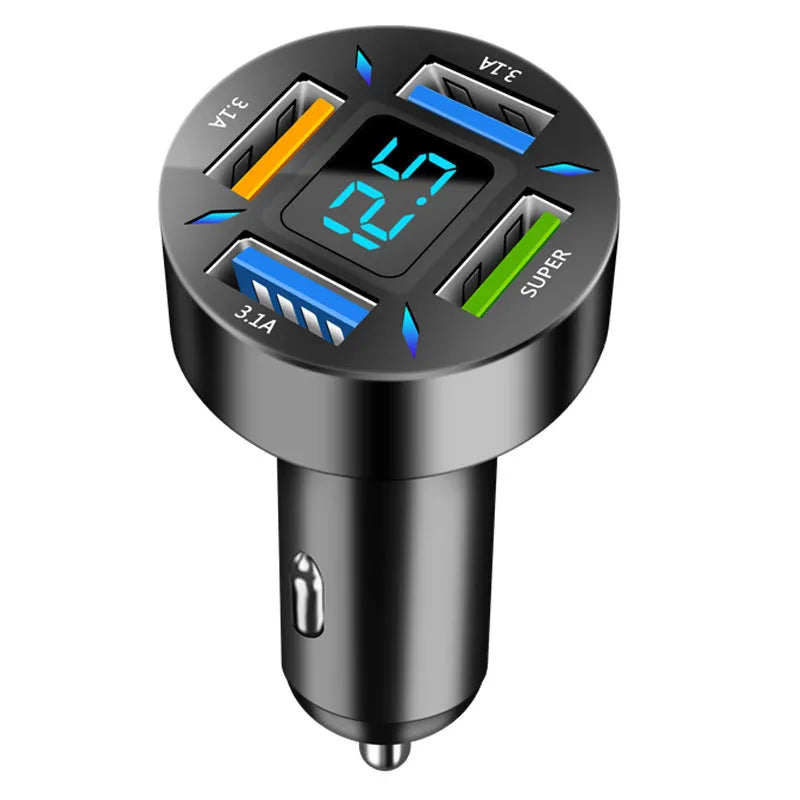 Four-port USB car charger with digital LED display for use in vehicles