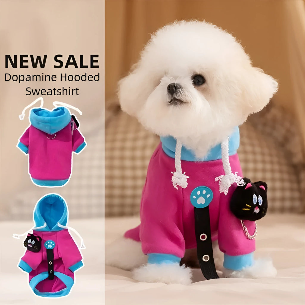 Autumn winter dog hoodie in purple with colour-blocking design, drawstring hood, and cat plush necklace for small medium breeds