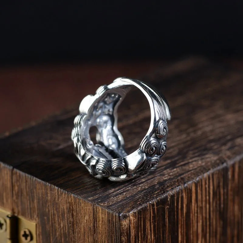 Silver open ring with Jibeast pattern and animal zodiac modelling diamond detail