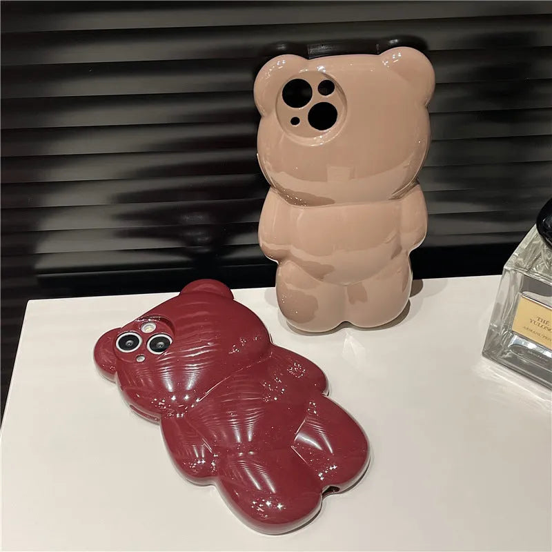Silicone anti-fall phone case with cute three-dimensional bear design for iPhone, khaki colour
