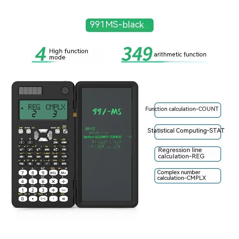 2-in-1 foldable scientific calculator with handwriting tablet in black ABS, showing LCD notepad and calculator keys