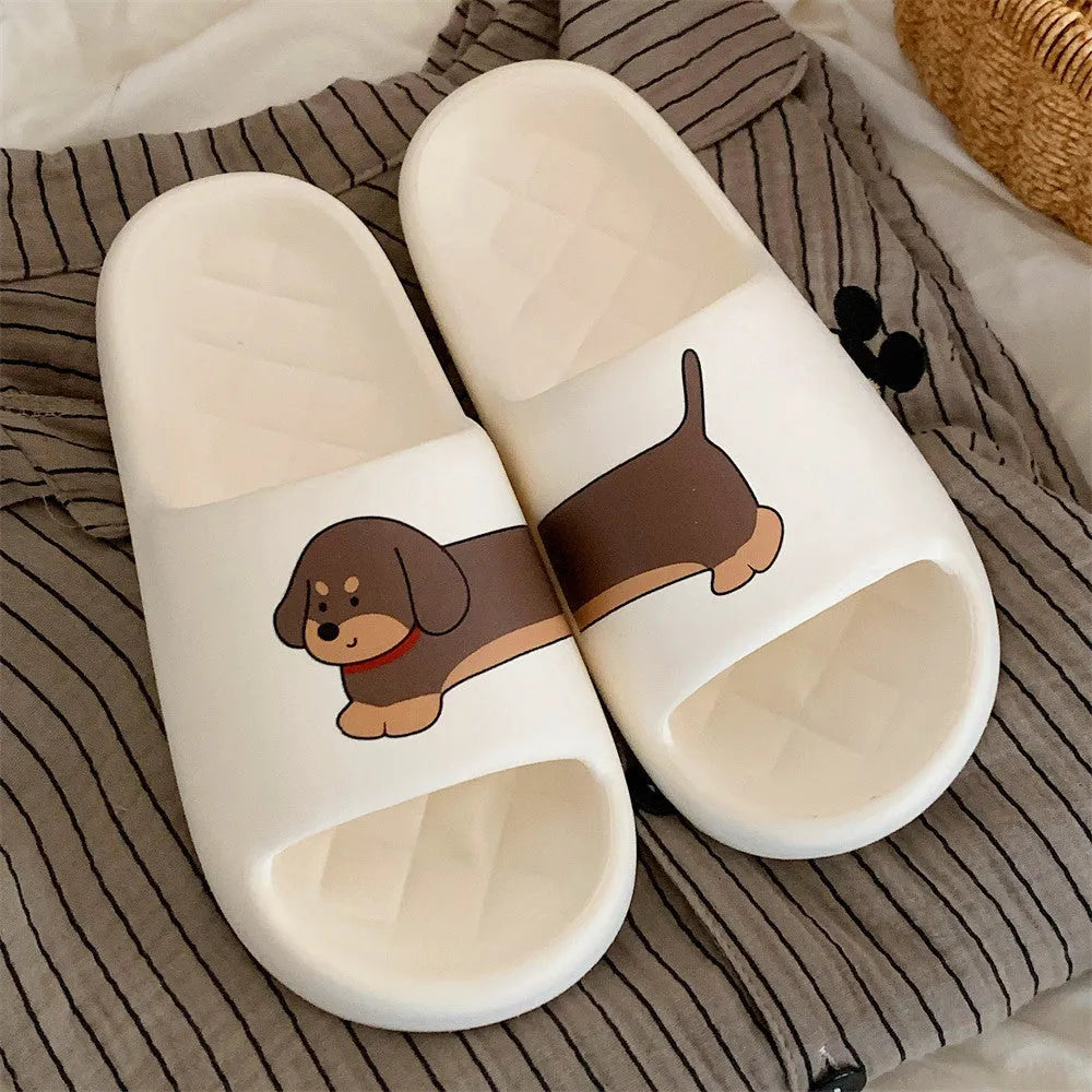 EVA couple flip flop slippers with thick sole in milky white, desert brown, and black brown colours with stitching dog pattern.