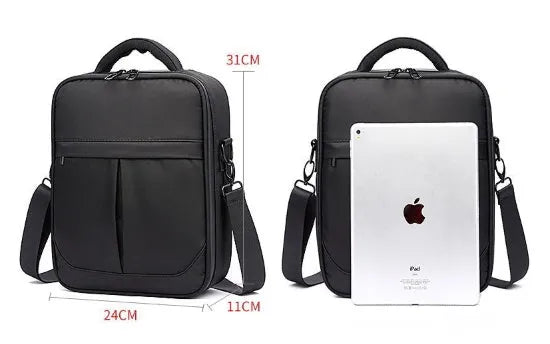 Black Oxford fabric men's messenger bag showing shoulder strap and 24x11x31cm dimensions
