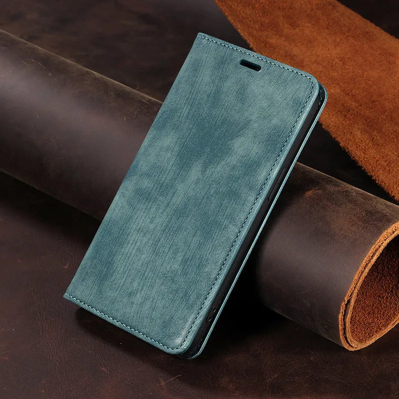 Magnetic flip phone case for iPhone in leather and TPU, shown closed with secure magnetic clasp.