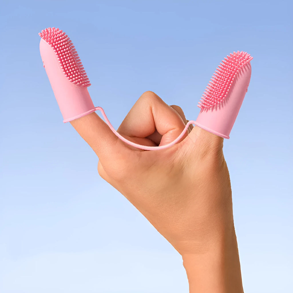 TPR double finger toothbrush set for pet dental cleaning in pink, blue green, and grass yellow colours