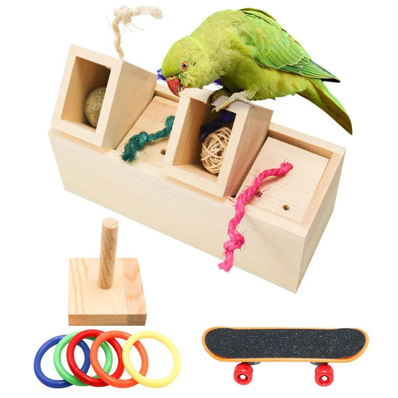 Wooden parrot puzzle toy set for small to medium birds with interactive foraging design