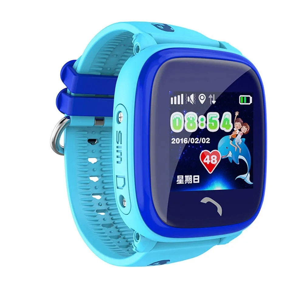 Blue children's smart watch with silicone strap showing time on 1.22 inch touch screen