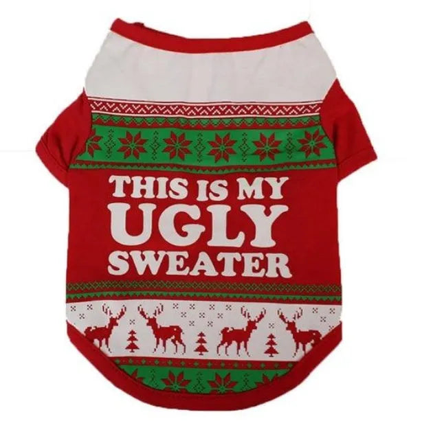 Red cotton polyester two-legged vest for small Teddy dogs, autumn and Christmas wear