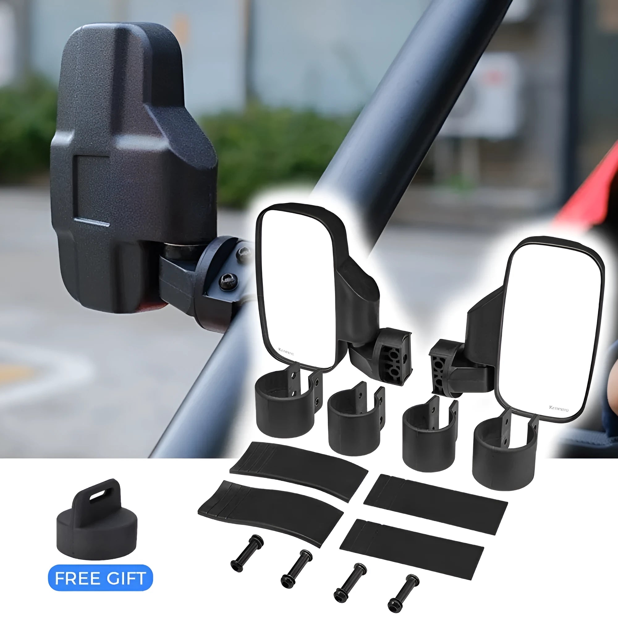 Black universal UTV off-road rearview mirror with plastic housing and glass reflective surface