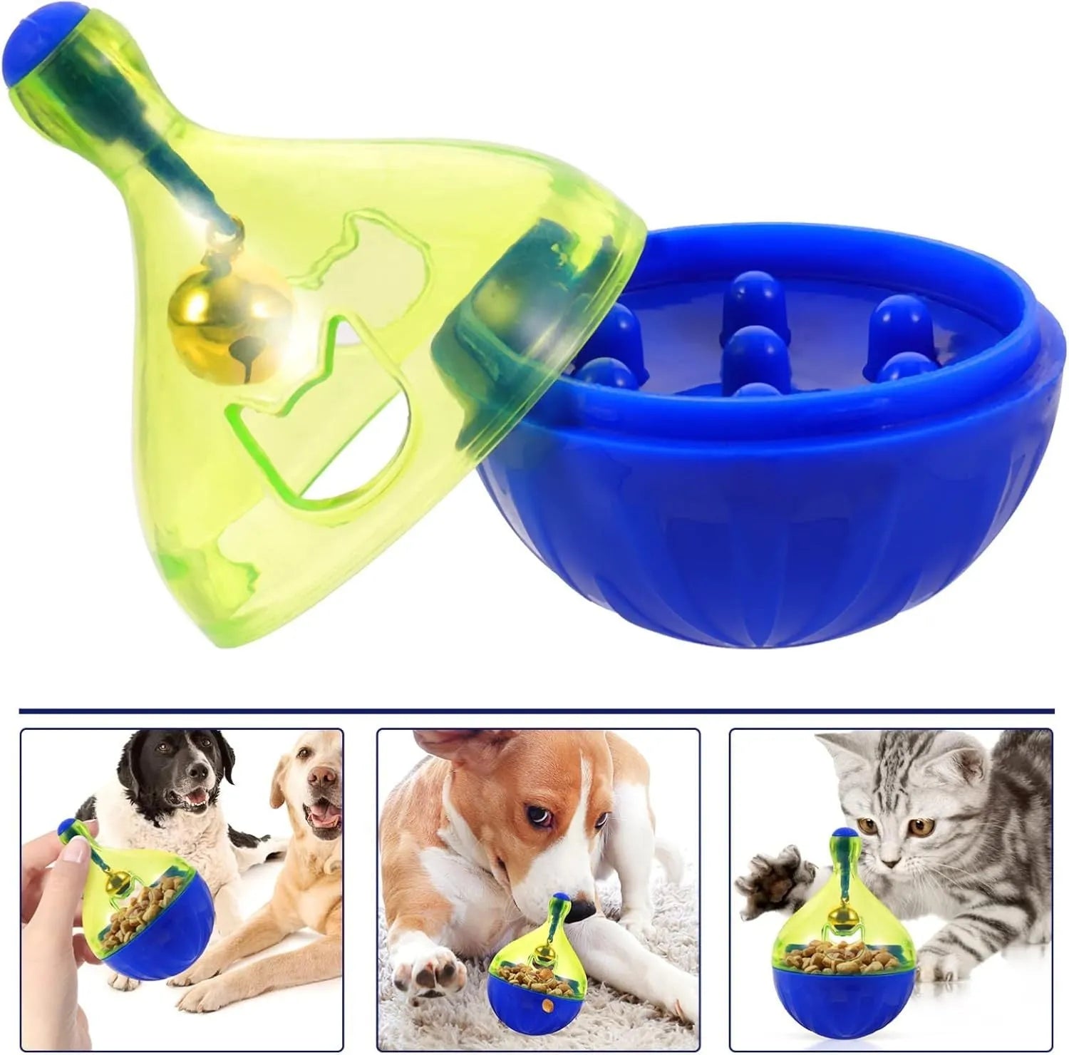 Blue and white durable plastic dog and cat treat dispenser puzzle ball toy.