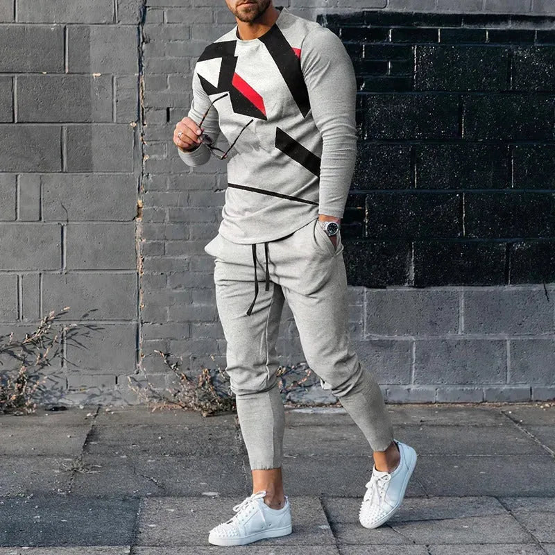 Men's round neck striped sweatshirt suit set with long sleeves and trousers in 90% polyester, multiple colours available