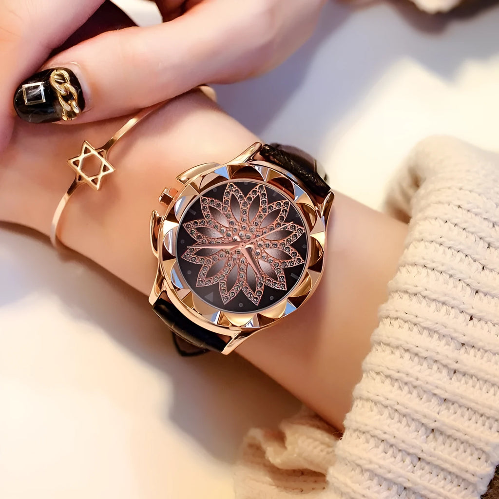 Rhinestone cross ladies belt watch with rose gold large dial 4.0cm and brown strap