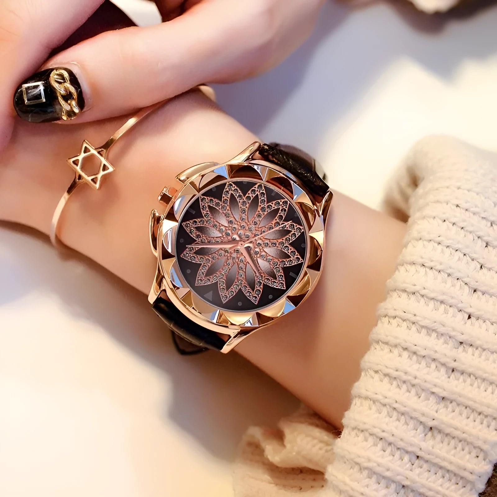 Rhinestone cross ladies belt watch with rose gold large dial 4.0cm and brown strap