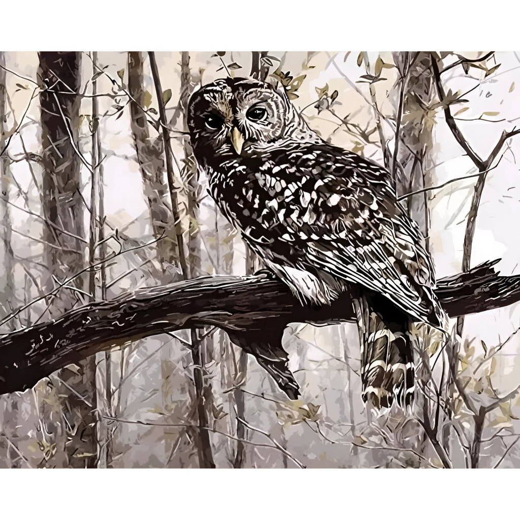 Owl painting by numbers kit showing canvas, brushes, and acrylic paints for DIY home decoration